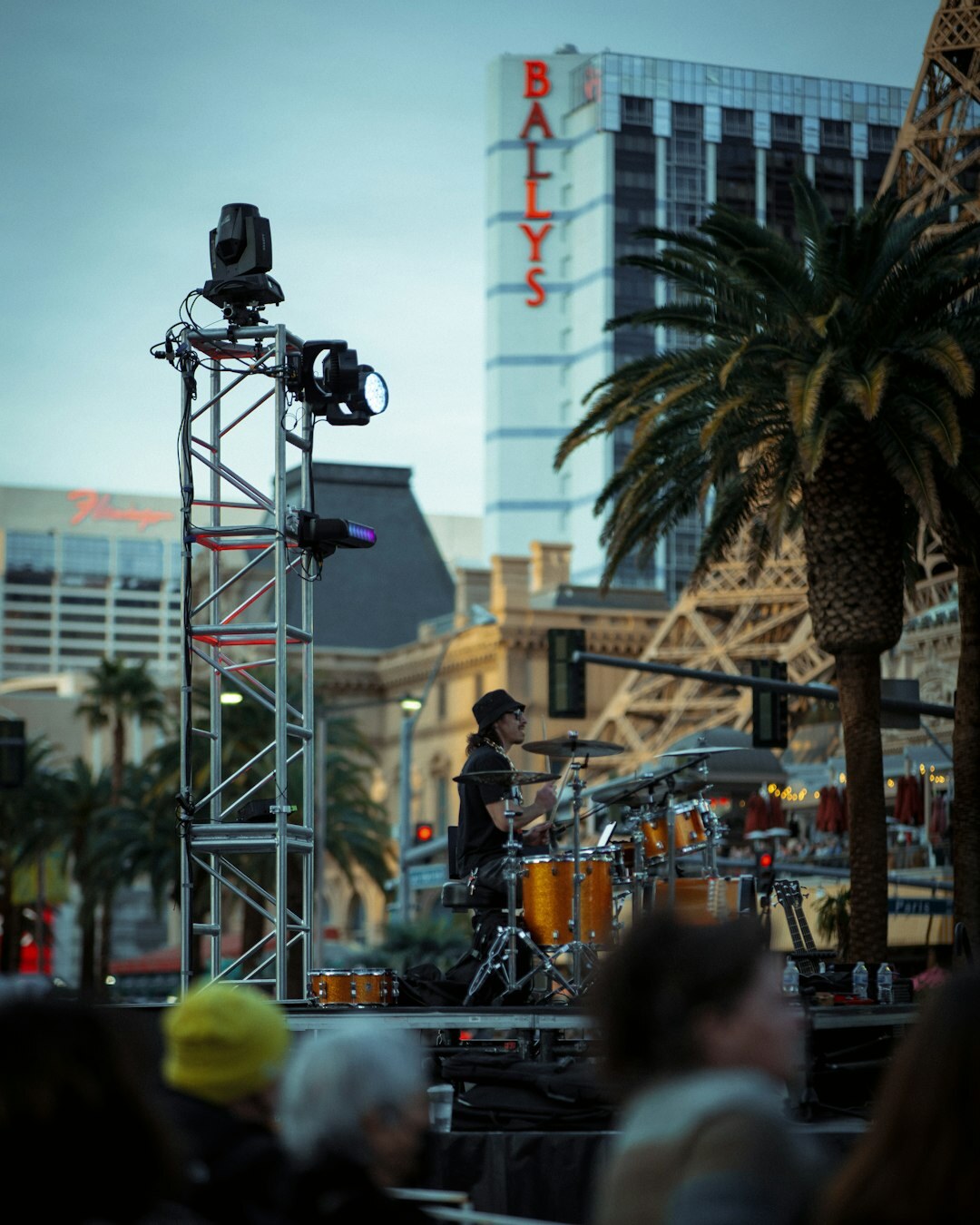 Live TV studio set with cameras and lighting rig