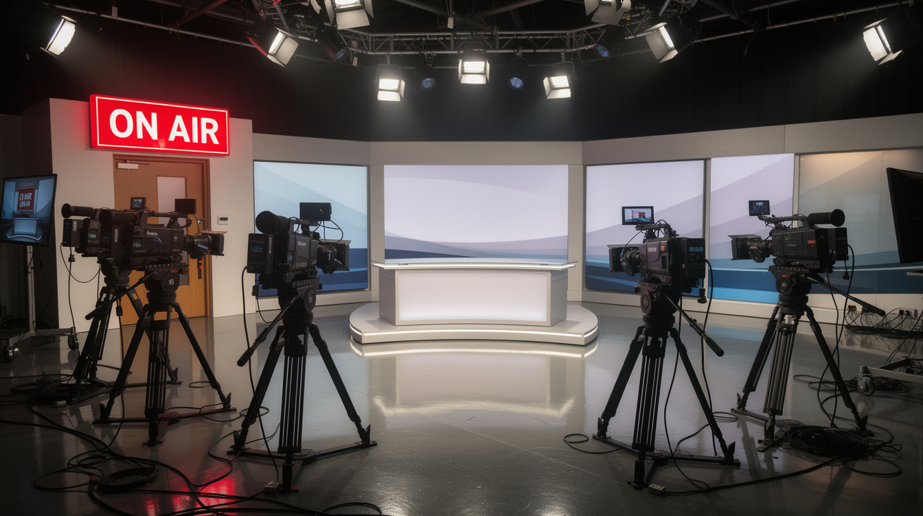 TV studio set with red on air sign lit