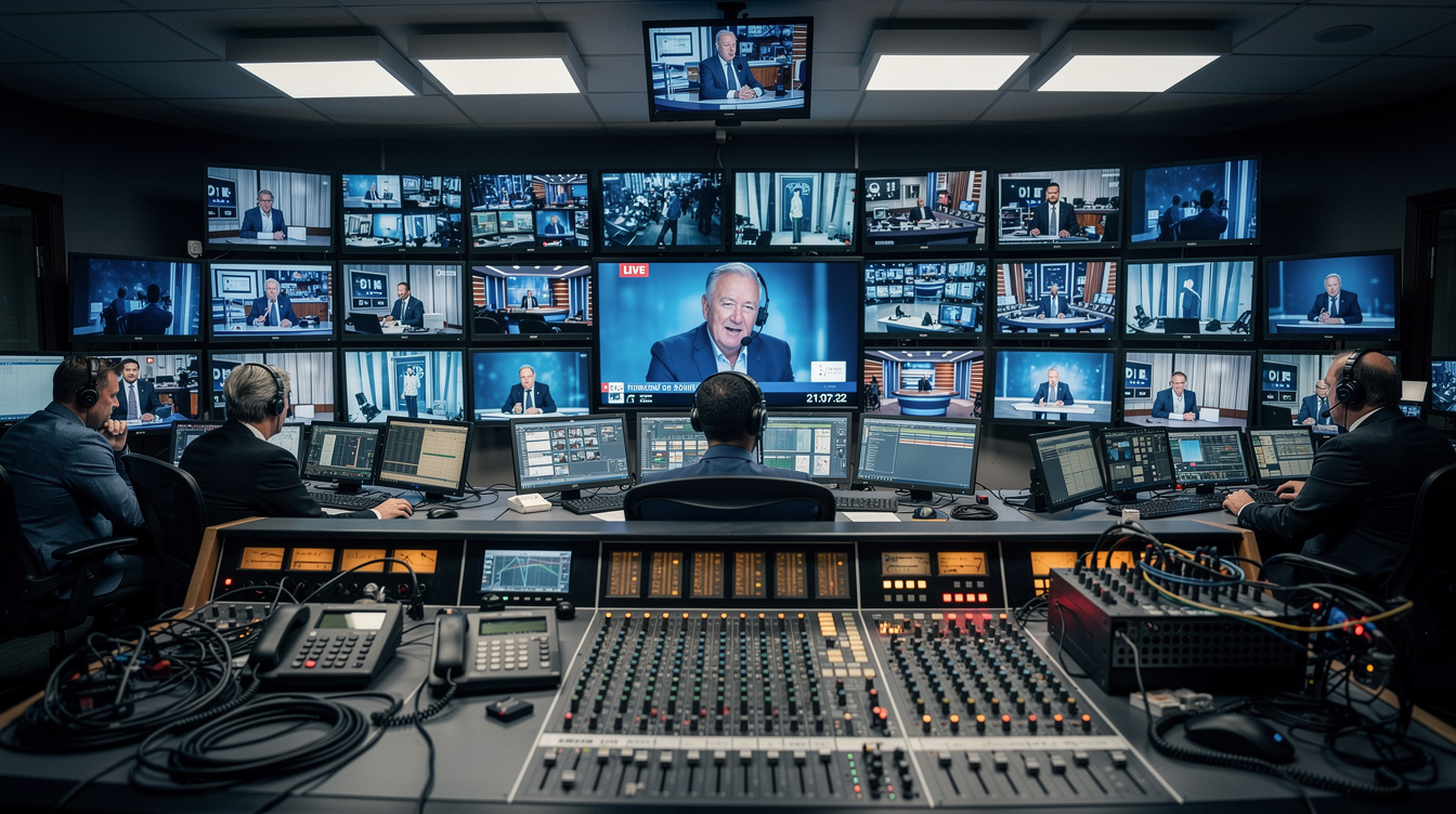 TV control room with monitors during live broadcast